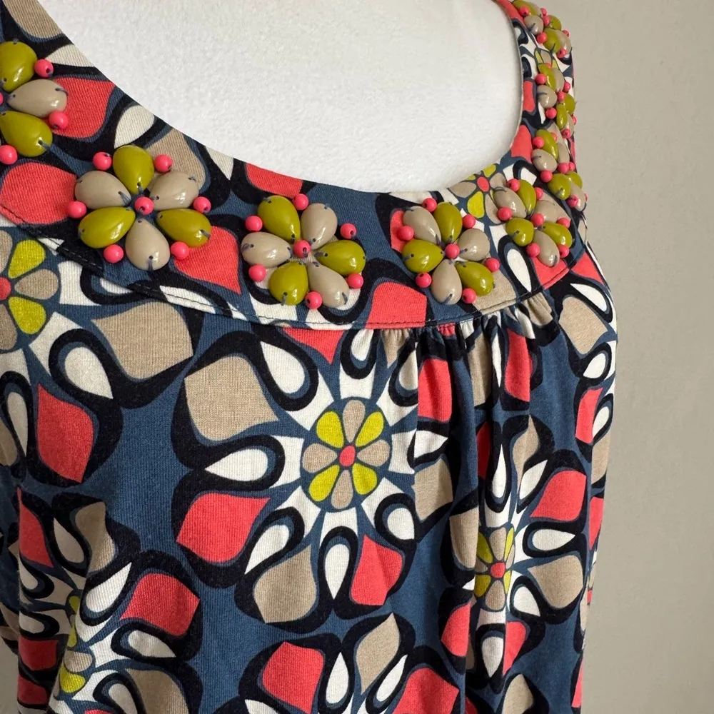 Boden Blue Coral Floral Print Beaded Neckline Tank Blouse Womens 6 Maximalist - Image 2