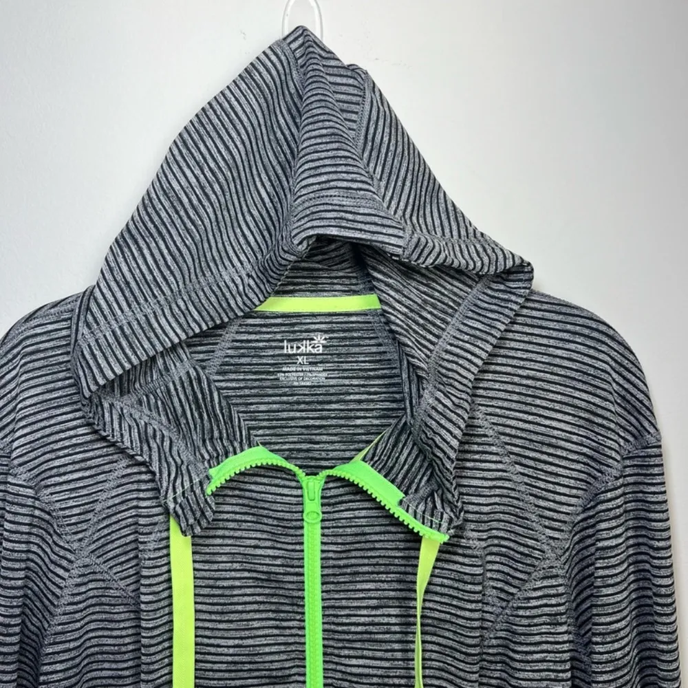 Lukka Womens Hooded Athletic Jacket Gray Black Stripe Neon Zip Thumb Holes Sz XL - Image 3