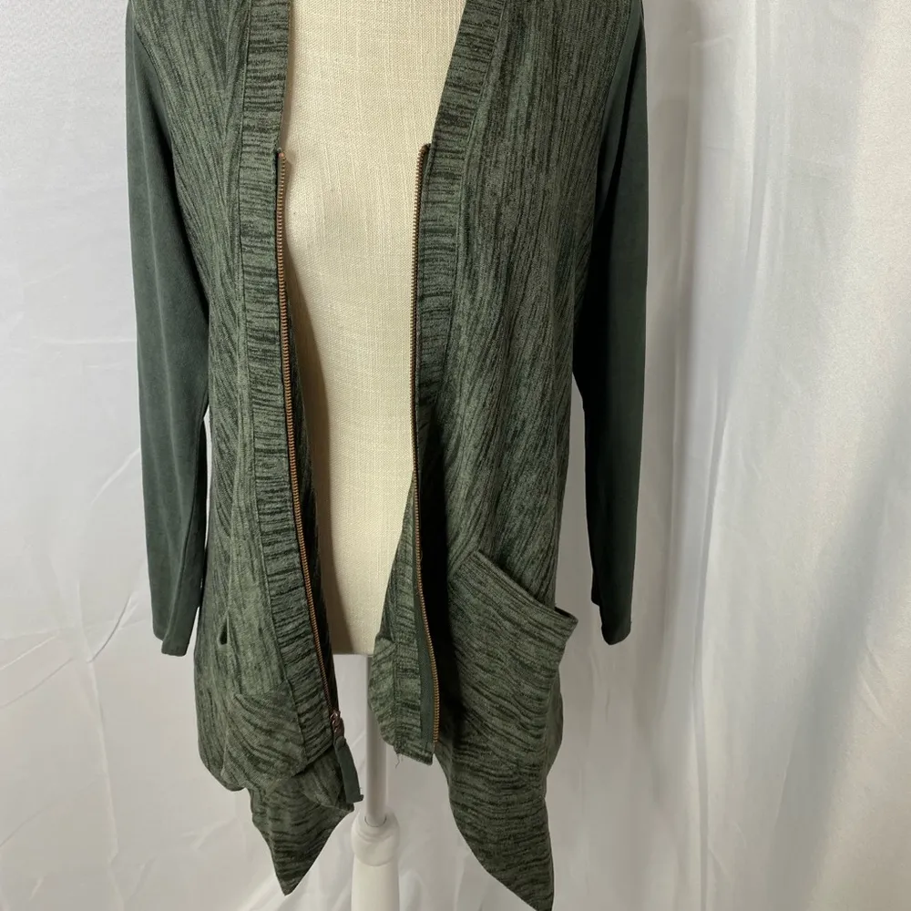 Logo Lori Goldstein zip front heater green faux suede sleeves jacket XXS - Image 2