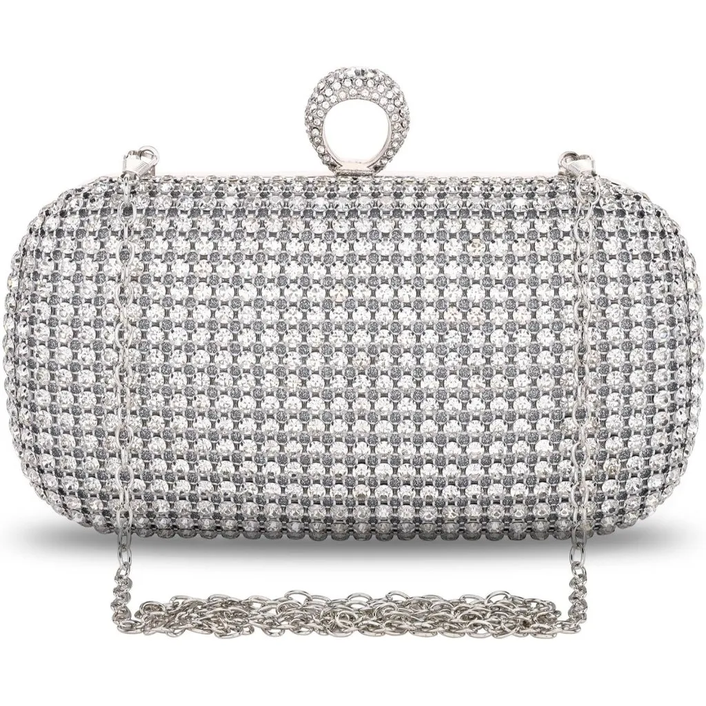 ⚡ Women's Rhinestone Evening Glitter Crystal Ring Clasp Silver Clutch Bag - Image 7
