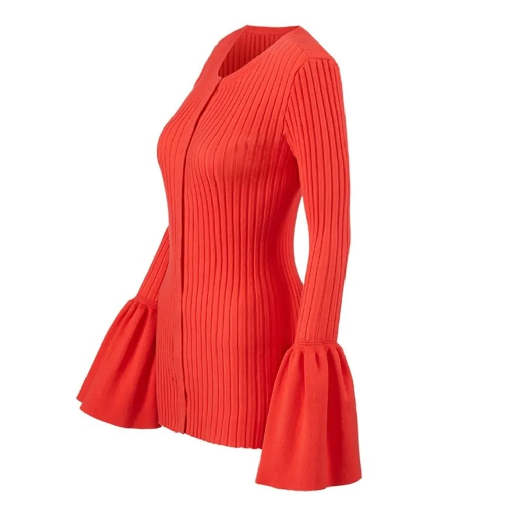 Cabi Hibiscus Trumpet Sleeve Ribbed Cardigan Sweater in Red Orange 5285 Small - Image 5