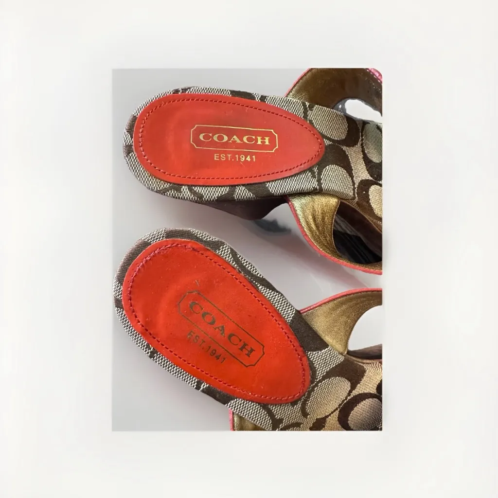 Coach‎ Jonah  Leather Wooded Wedge Sandals Women' s Orange Gold sz 7B - Image 6