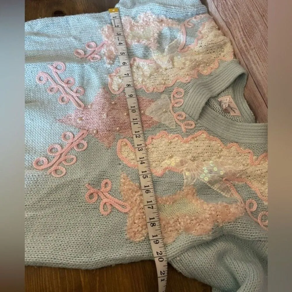 Jocelyn Smith VTG Pastel Goth Sequin Pearl Fairy Kei Cottagecore Sweater Medium Blue - Image 7