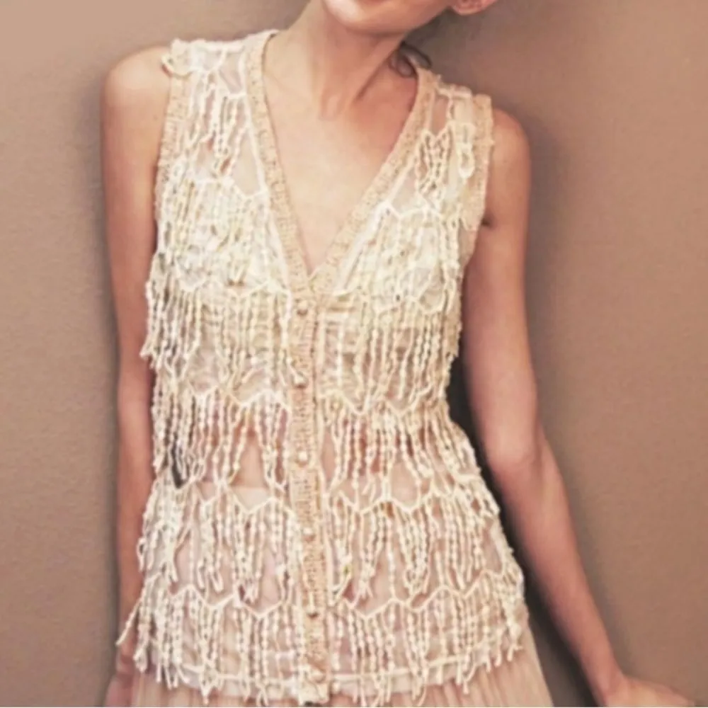 Handmade Crochet Fringe Sleeveless‎ Top White Size L - Image 2