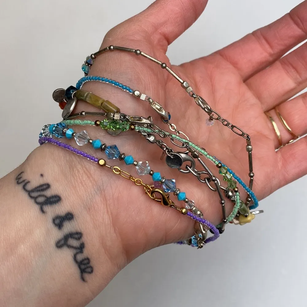 7 Thin Beaded Lobster Clasp Bracelets Loose Fitting Bohemian Colorful EUC OS - Image 2