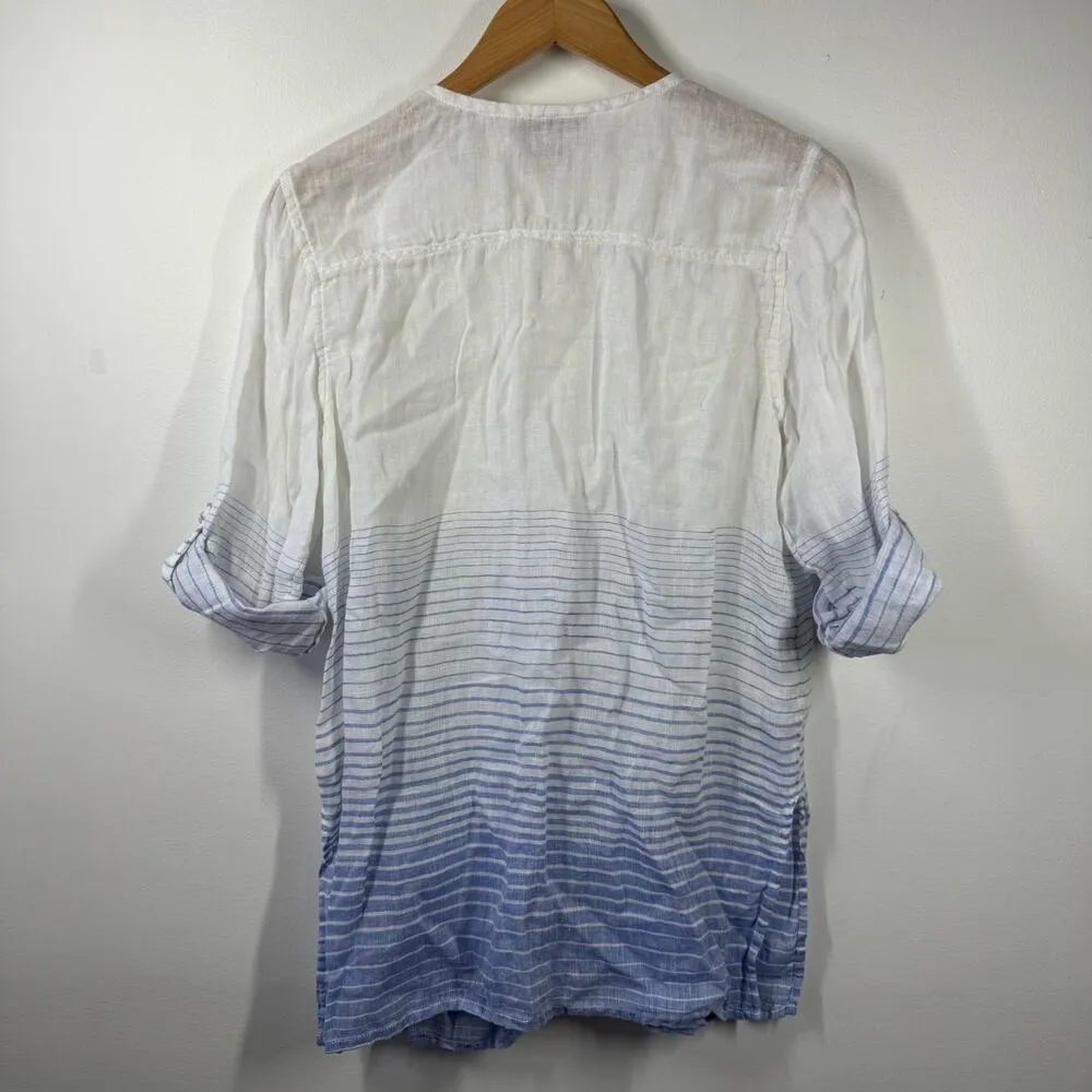 Saint Tropez West 100% Linen Tunic Top Women Size M White Blue Stripes Coastal - Image 2