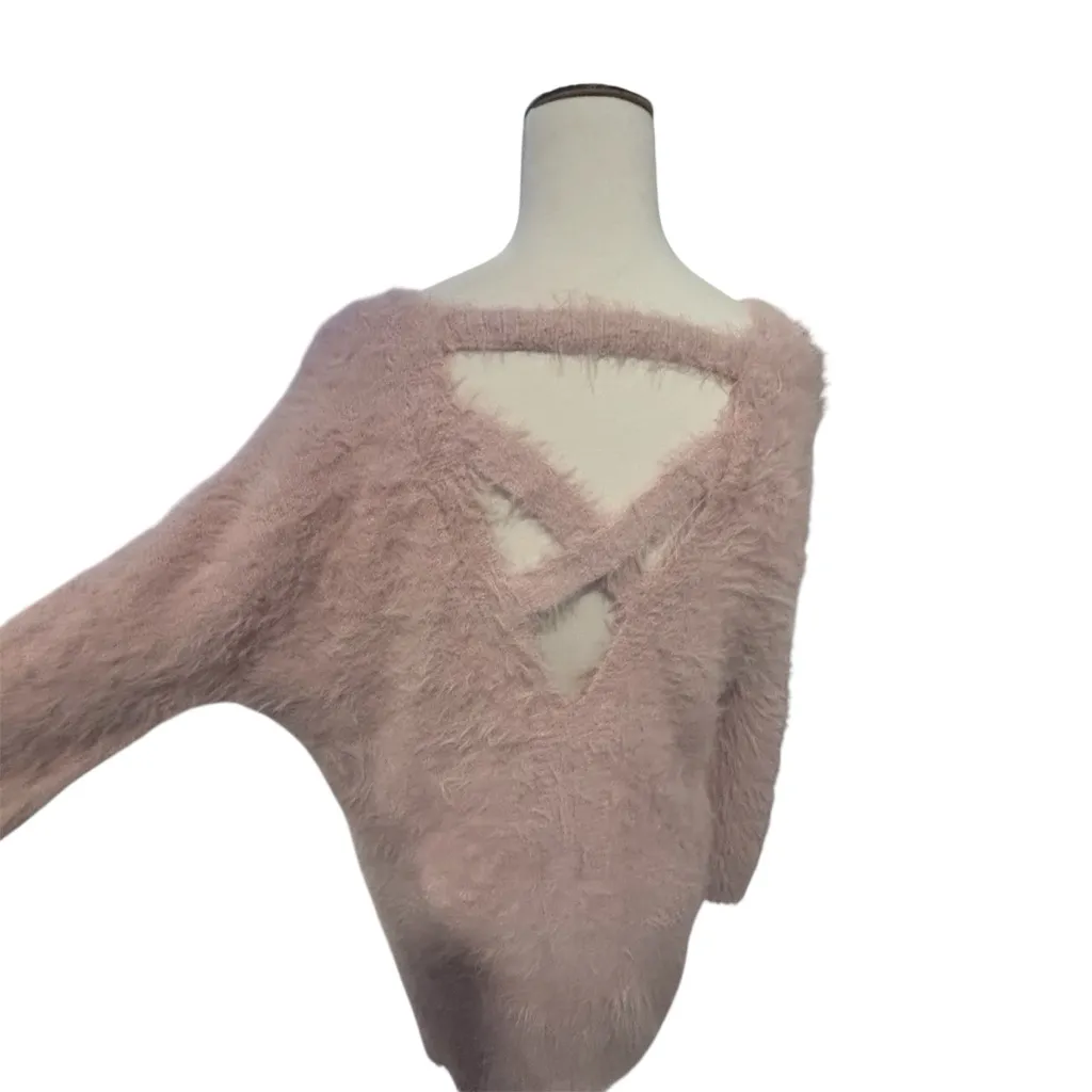 Pink Soft Fuzzy V-Neck Long V-Neck Oversized Open Back Sweater Size XS - Image 9