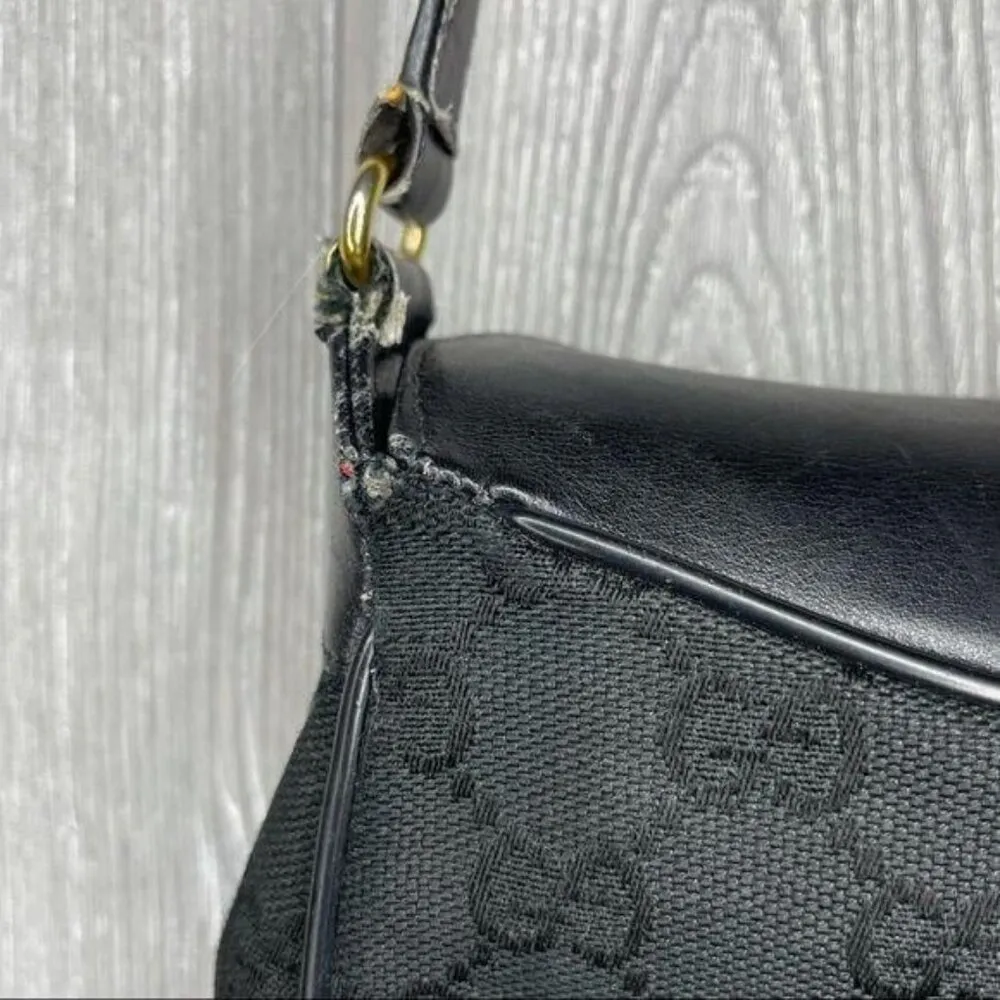 Vintage GUCCI Black Canvas Leather Saddle Purse bag long crossbody strap - Image 12