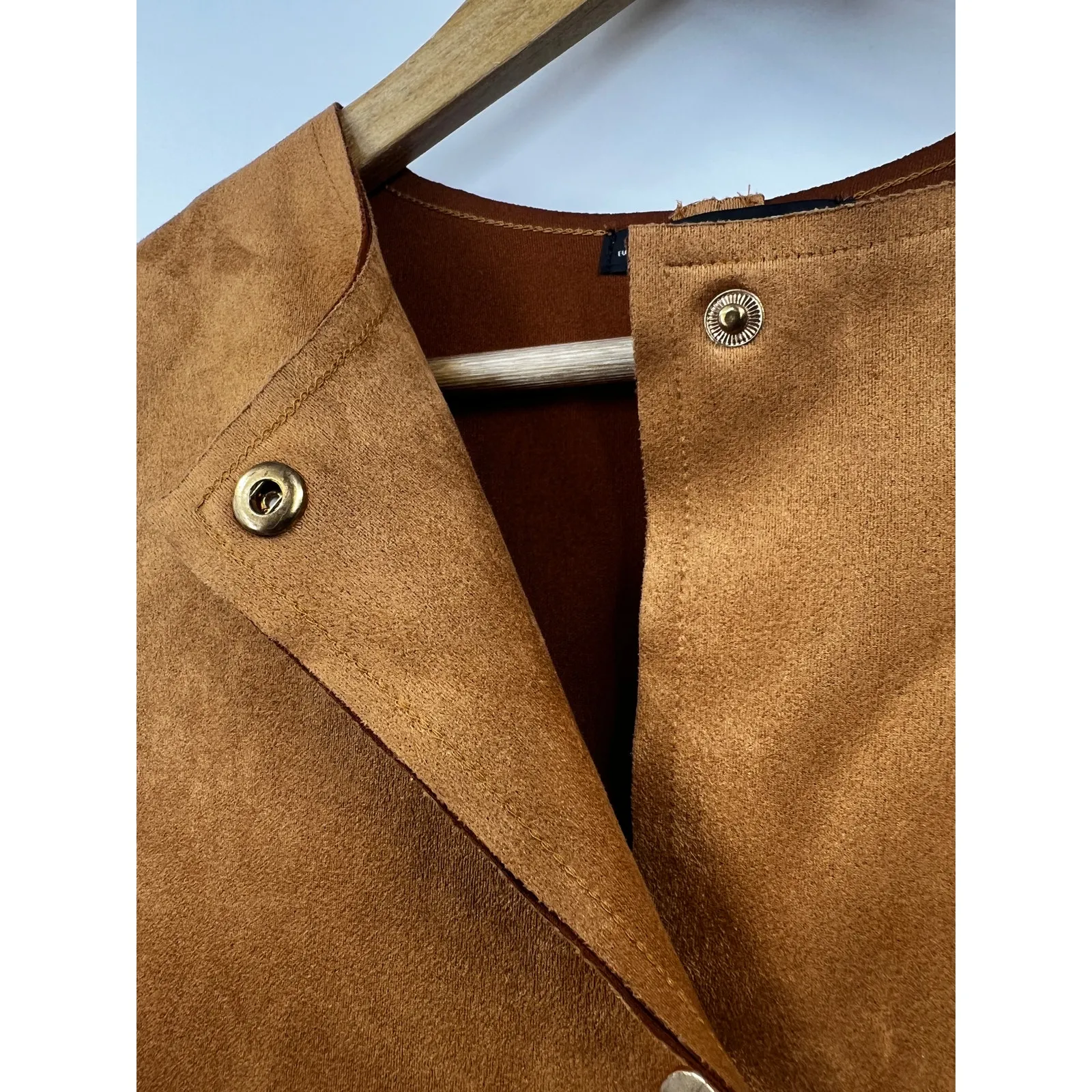 Zara Coat Womens Cognac Suede Oversized with Faux Fur‎ Trim Size Small - Image 4