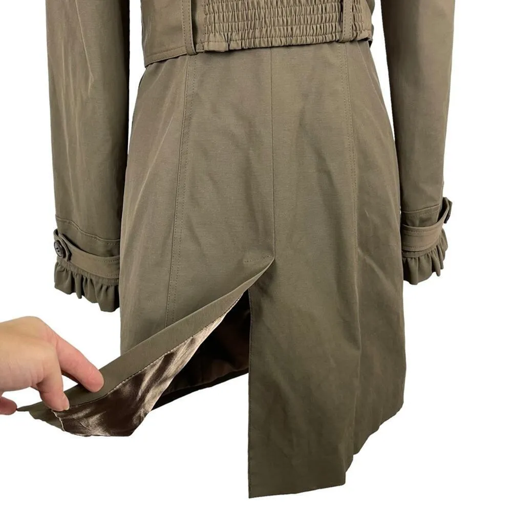 BLANC NOIR Belted Tailored Office Siren Trench Coat Ruffle Cuffs Medium Green - Image 10