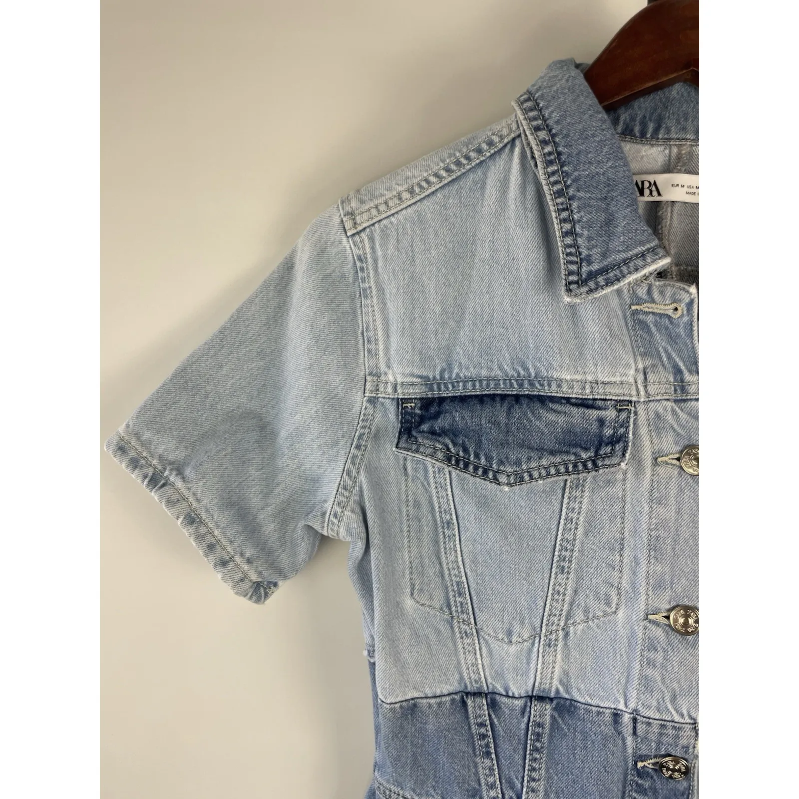 ZARA Blue Patchwork Mini Button‎ Up Blogger Fave Denim Short Sleeve Dress Size M - Image 2