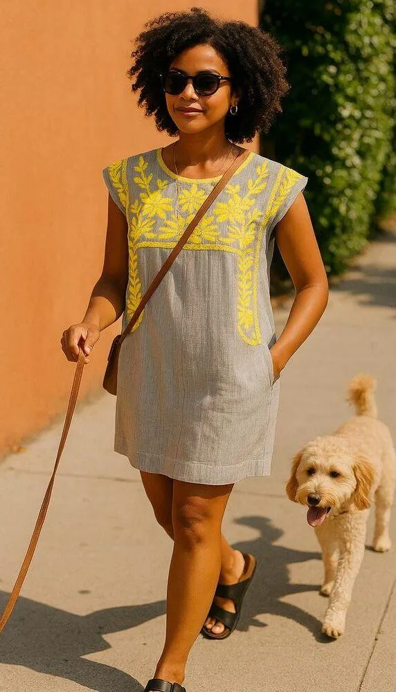 Uncle Frank Seersucker Embroidered Shift Dress Grey White Railroad Stripe Sz S - Image 10