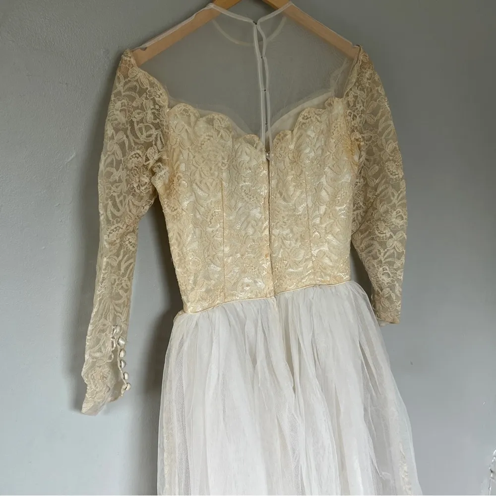 Vintage Lace Neckline Tulle Long Sleeve Princess Embroidery Dress Small 4 Cream White - Image 6