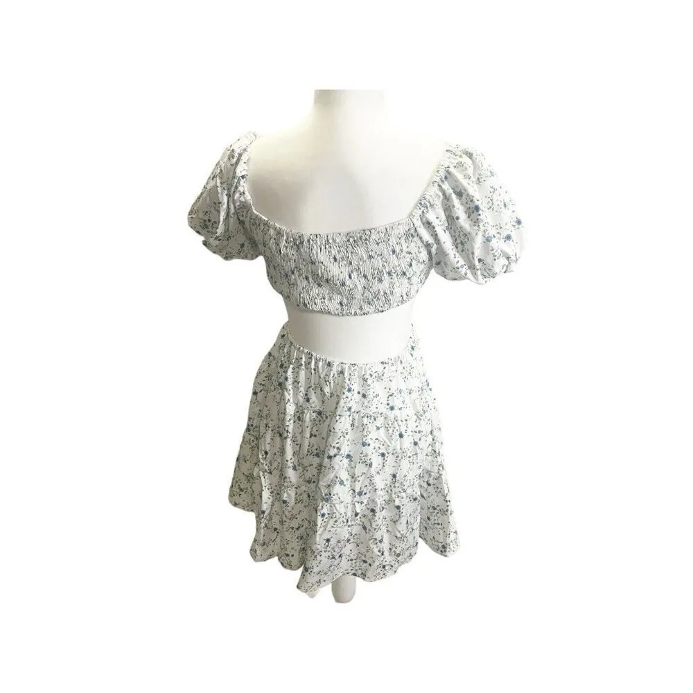 Shein Women's Floral Print Backless Mini Short Dress White Green Puff Sleeve S - Image 5