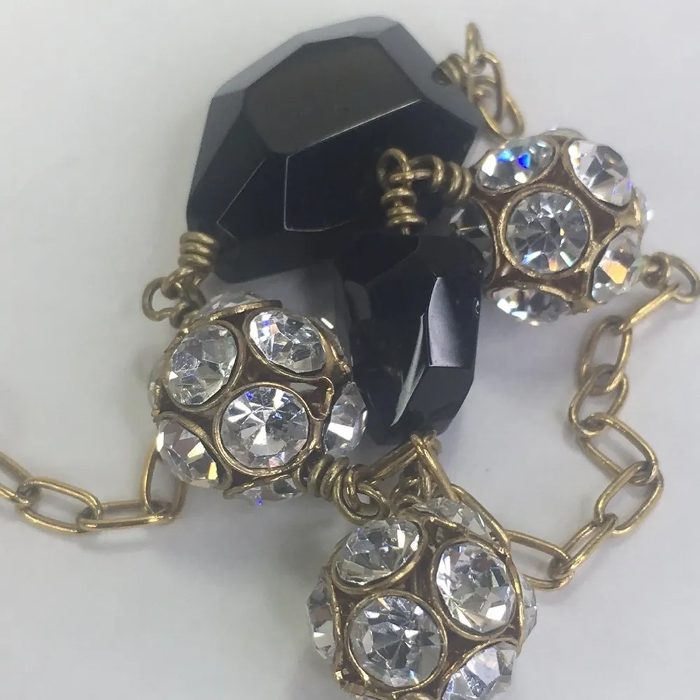 J Crew gold tone chain faceted black rhinestone balls necklace 32" long with bag - Image 3