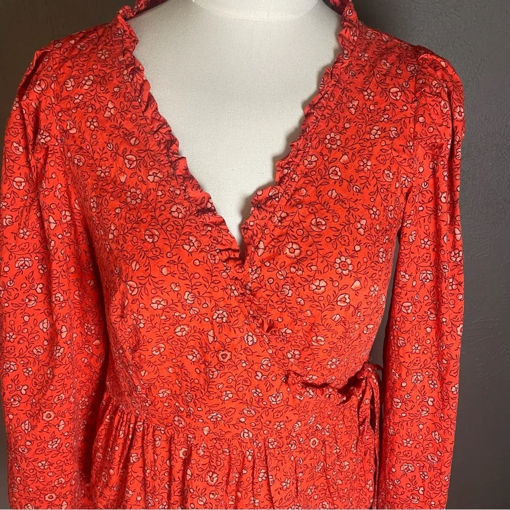 Boho Red Floral Wrap Blouse XS Ruffle Peplum Top Long Sleeve Fall Outfit Trend‎ - Image 3