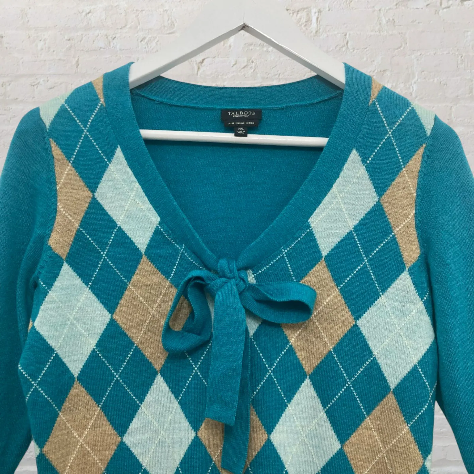Talbots 100% Merino Wool Argyle Tie-Neck Sweater XS Teal Preppy Light Academia - Image 4