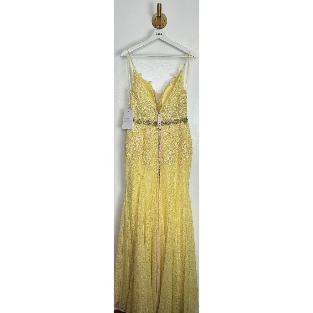MAC DUGGAL Floral Appliqué Plunge Mermaid Gown in Lemon Size US 6 NWT - Image 9