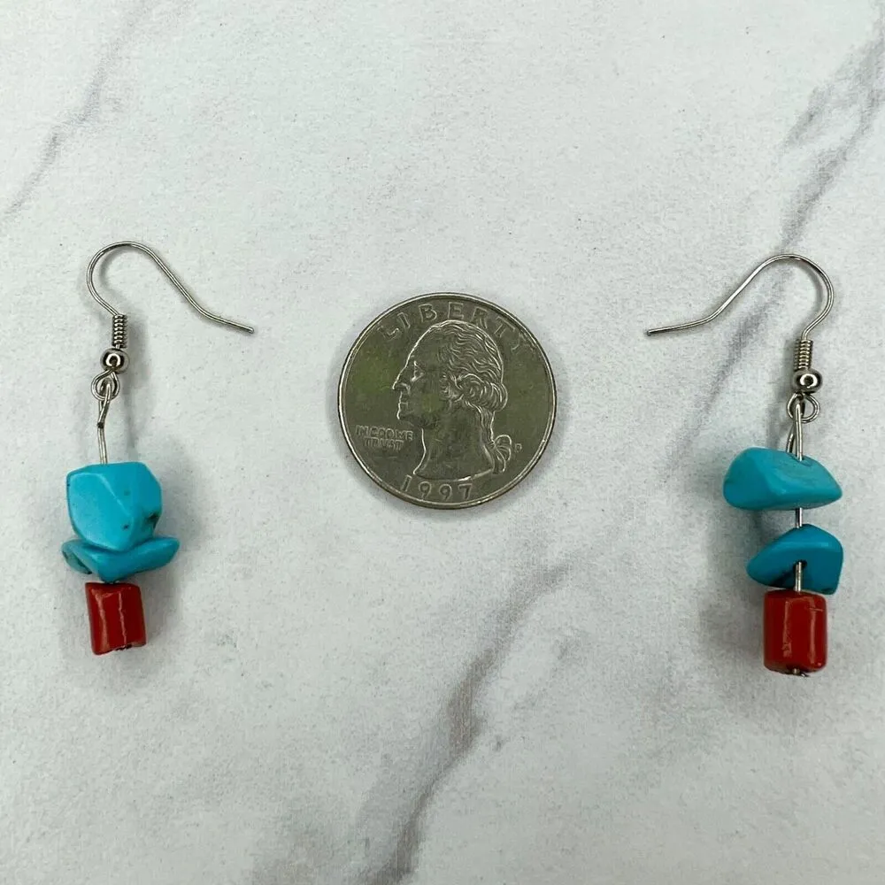 Silver Tone Faux Turquoise Faux Coral Dangle Earrings Pierced Pair - Image 2