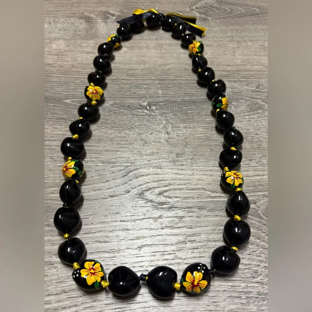 Authentic Hawaiian Kukui Nut Floral Lei Necklace | Brown & Yellow | 36” - Image 2