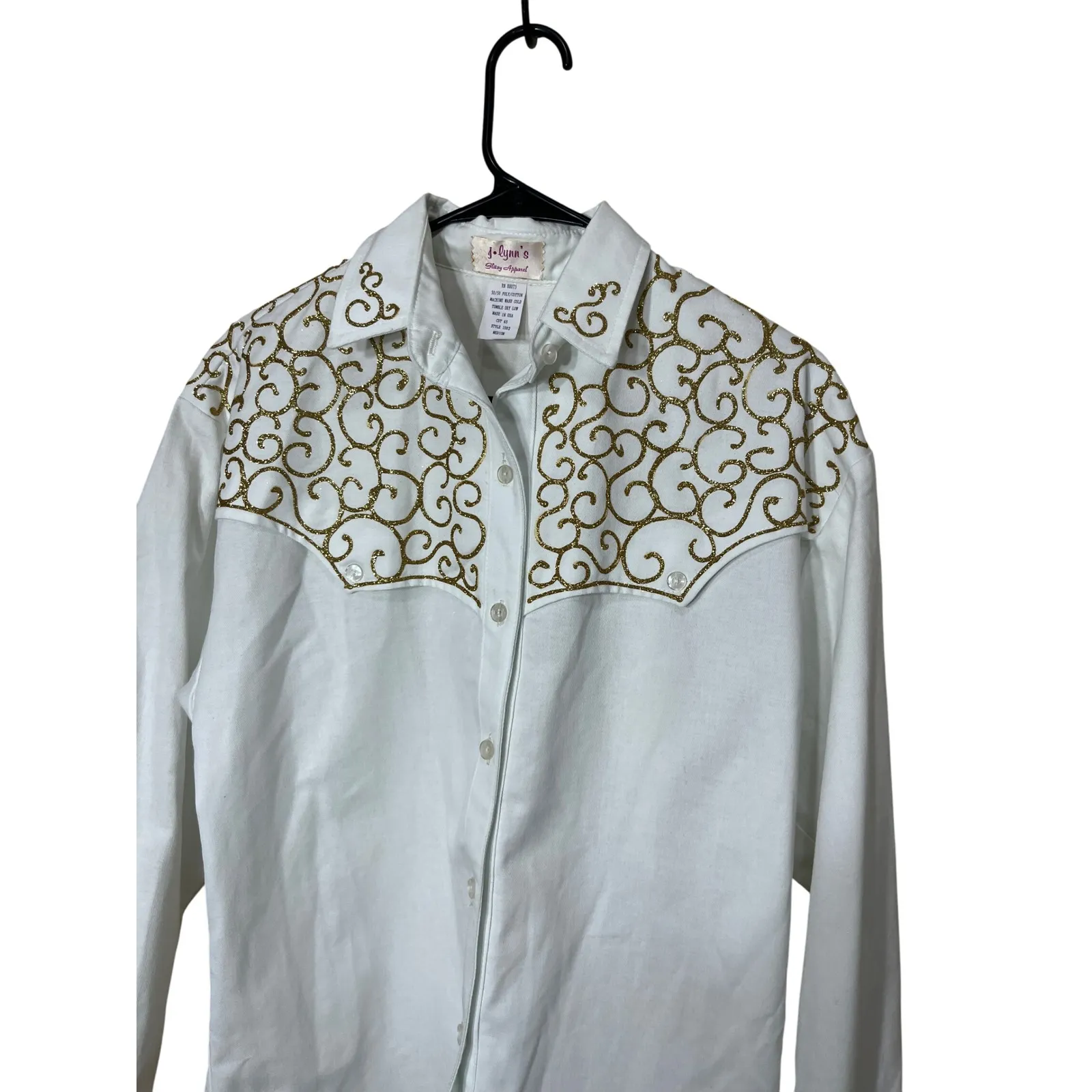 j lynns Glitzy Apparel Womens White Long Sleeve Western Shirt Medium Gold Swirls Size undefined - Image 2