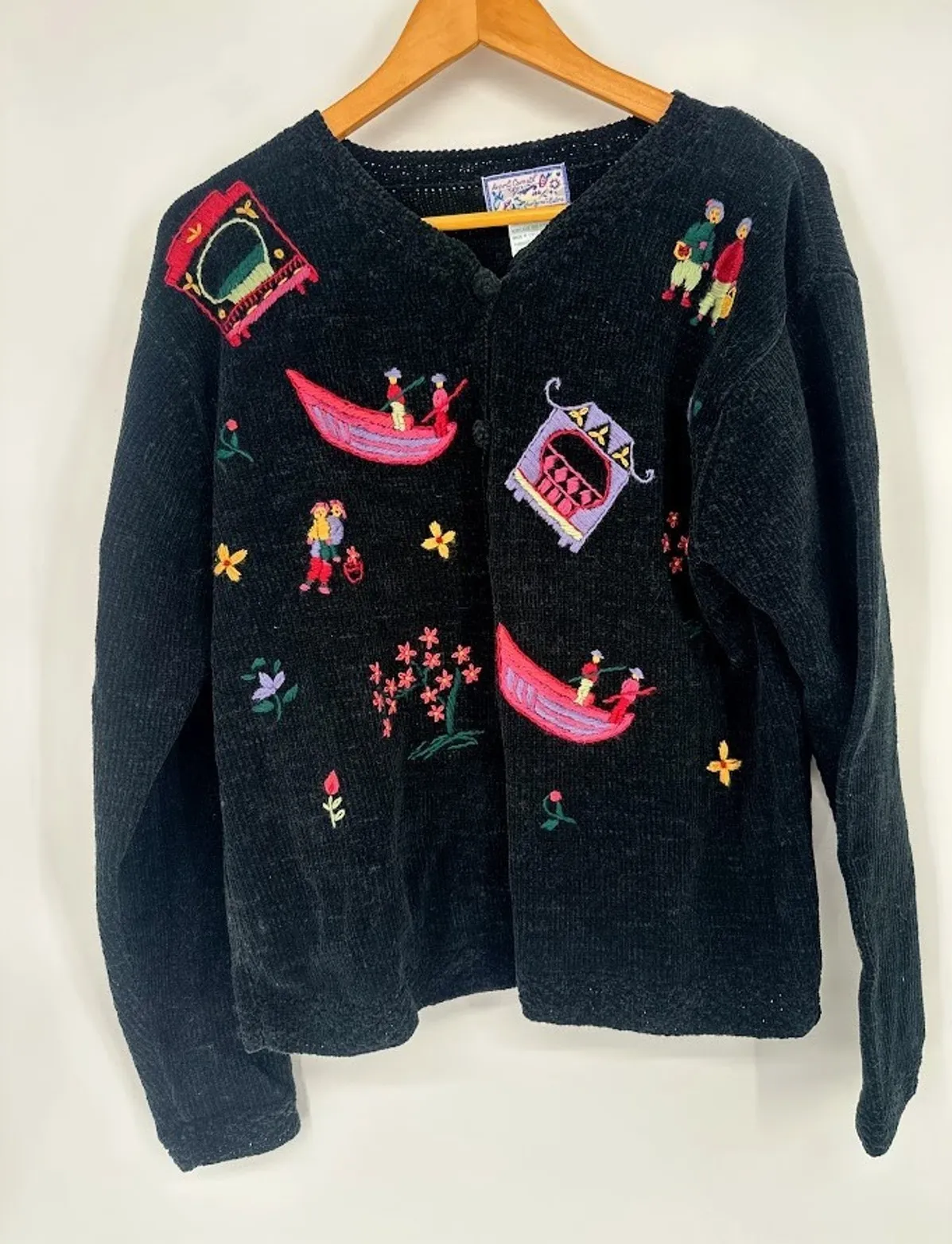 April Cornell Asian Embroidered Chenille Cardigan Novelty Sweater Black Medium - Image 1