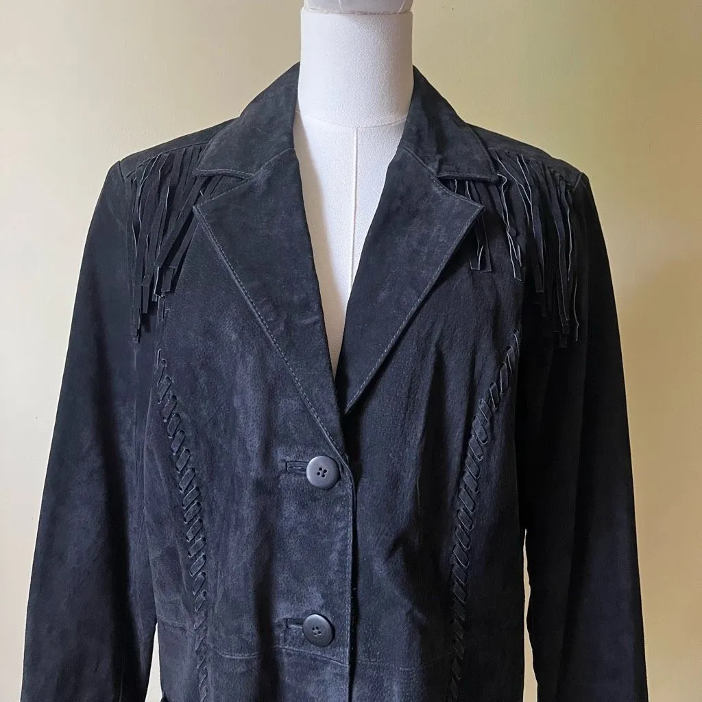 Vintage 70s Style Genuine Leather Fringe Jacket Black Suede Western Boho Large - Image 2