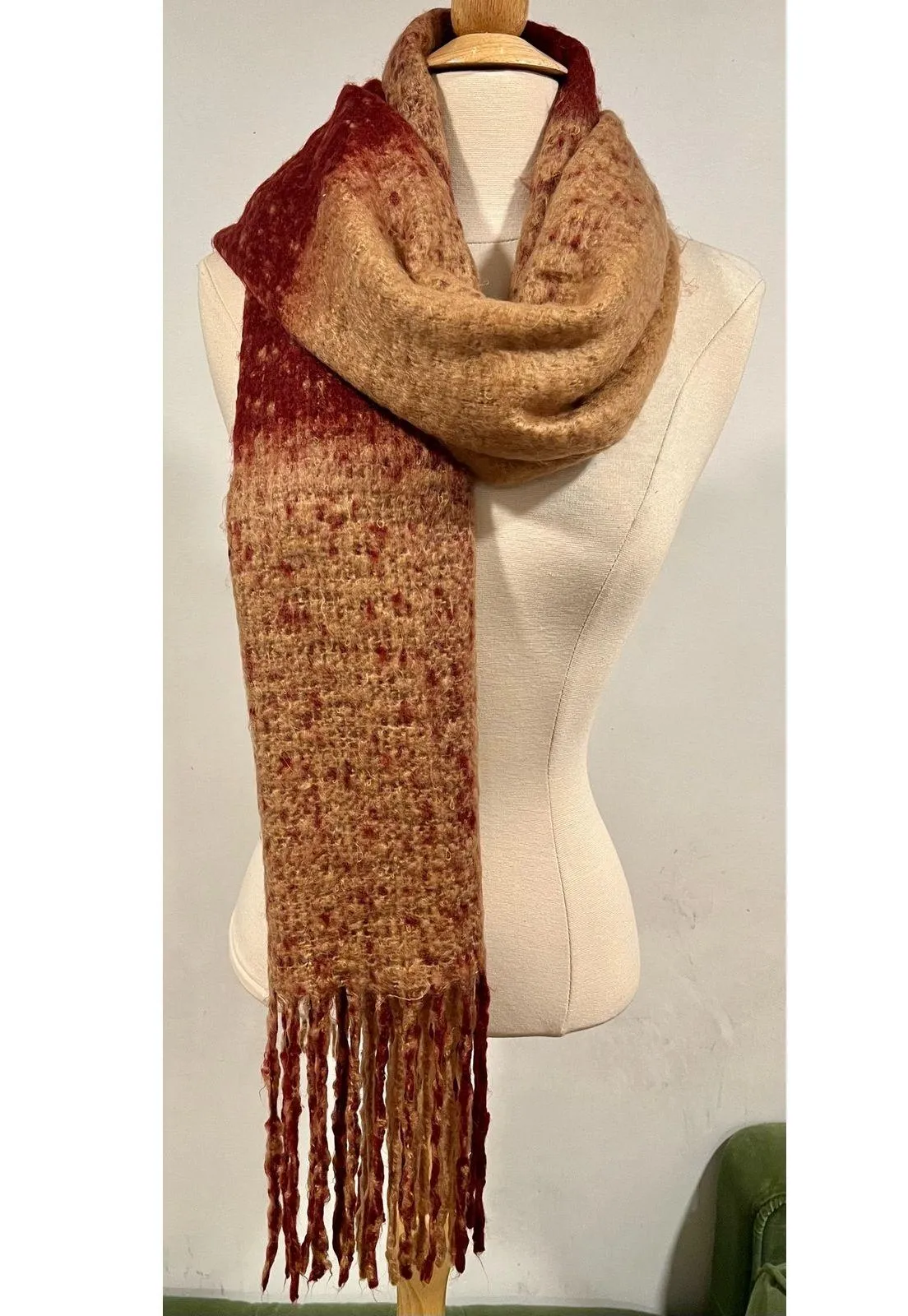 Boho Hippie Knit Striped Scarf Tan Red Soft Comfy Warm - Image 3
