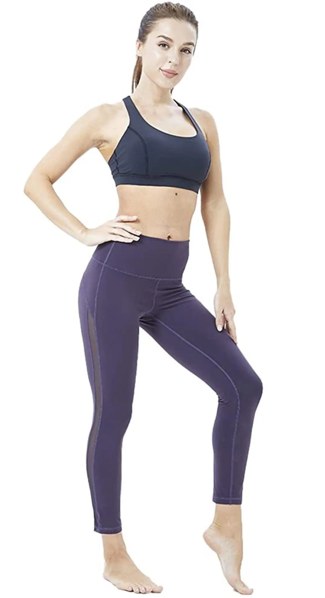 High Waisted Tummy Control Workout Yoga Pants Inner Pockets Running Gym Leggings Purple - Image 1