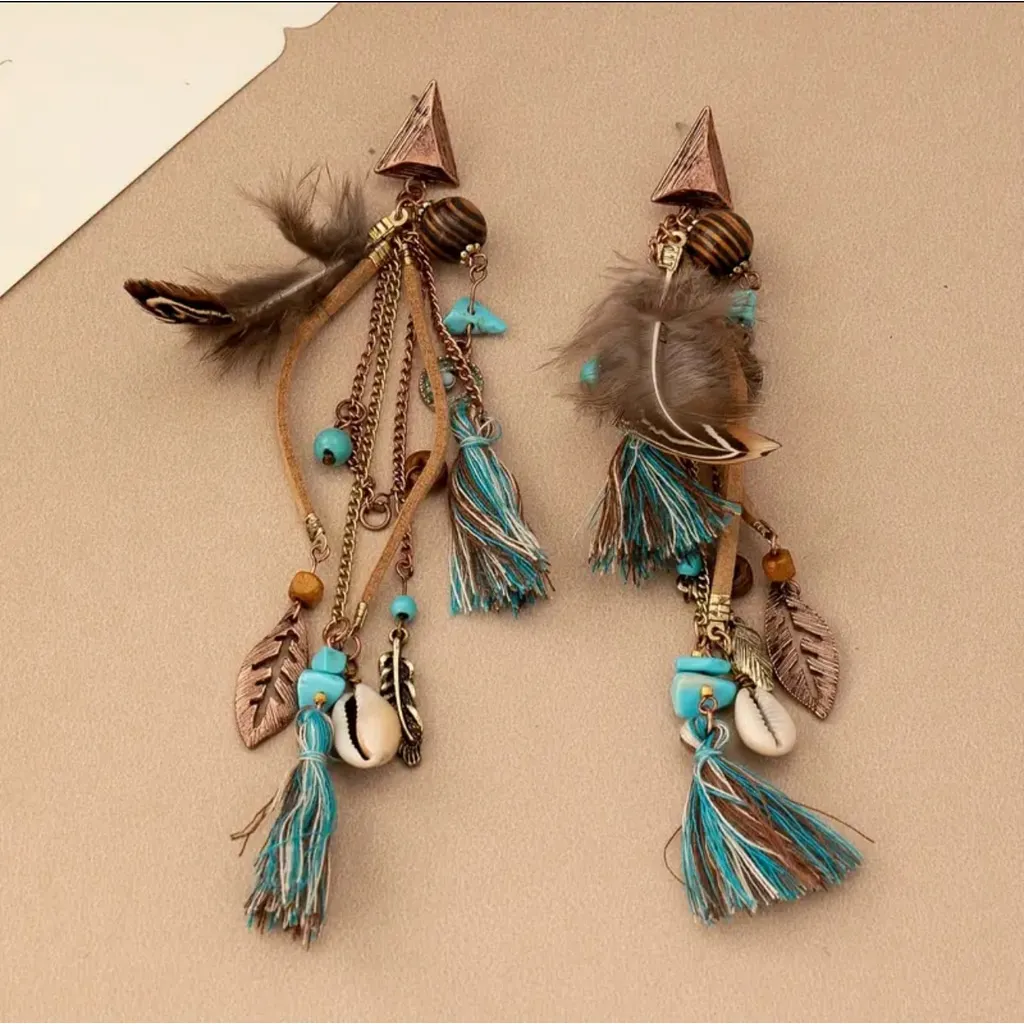 Earrings Feather Tassel Turquoise Beads Charms Brown - Image 3