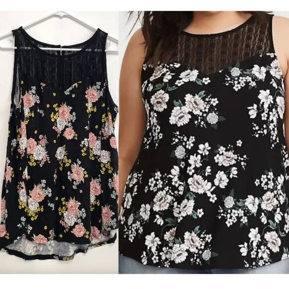 TORRID 1 Plus Size Super Soft Crew Neck Lace Yoke Tank Black Pink Yellow Floral - Image 2