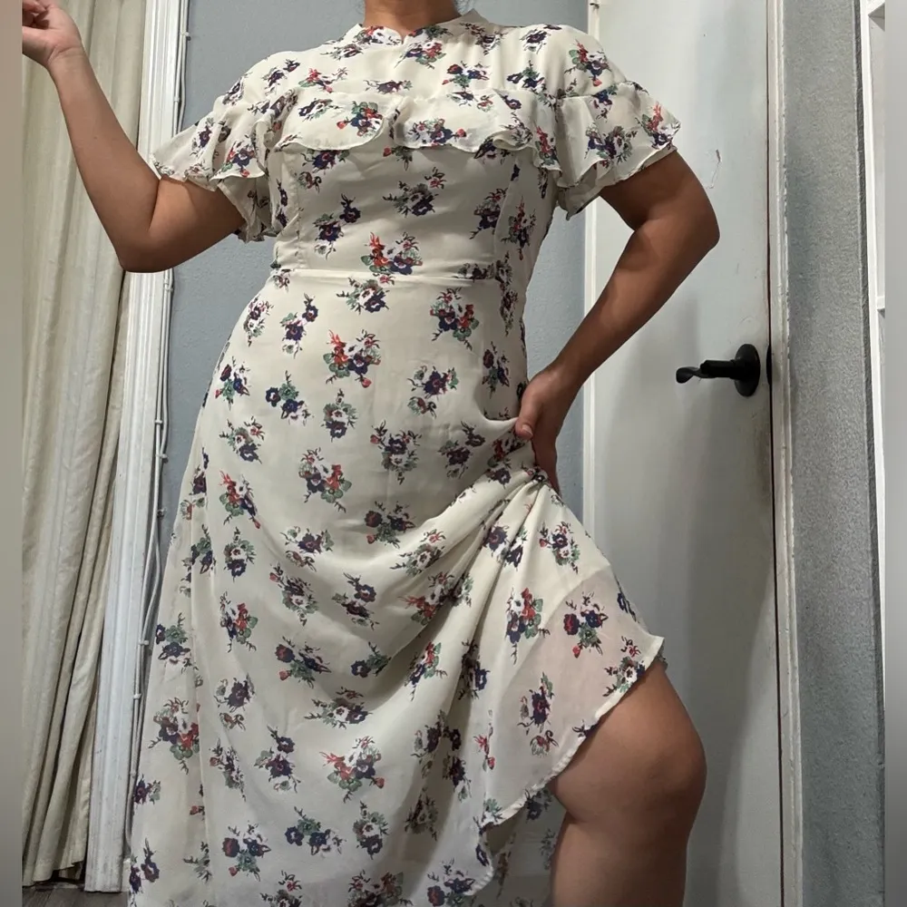 Sweet Salt Women Floral Homestead Classic Vintage Cream Lined Midi Dress Size 12 Green - Image 2