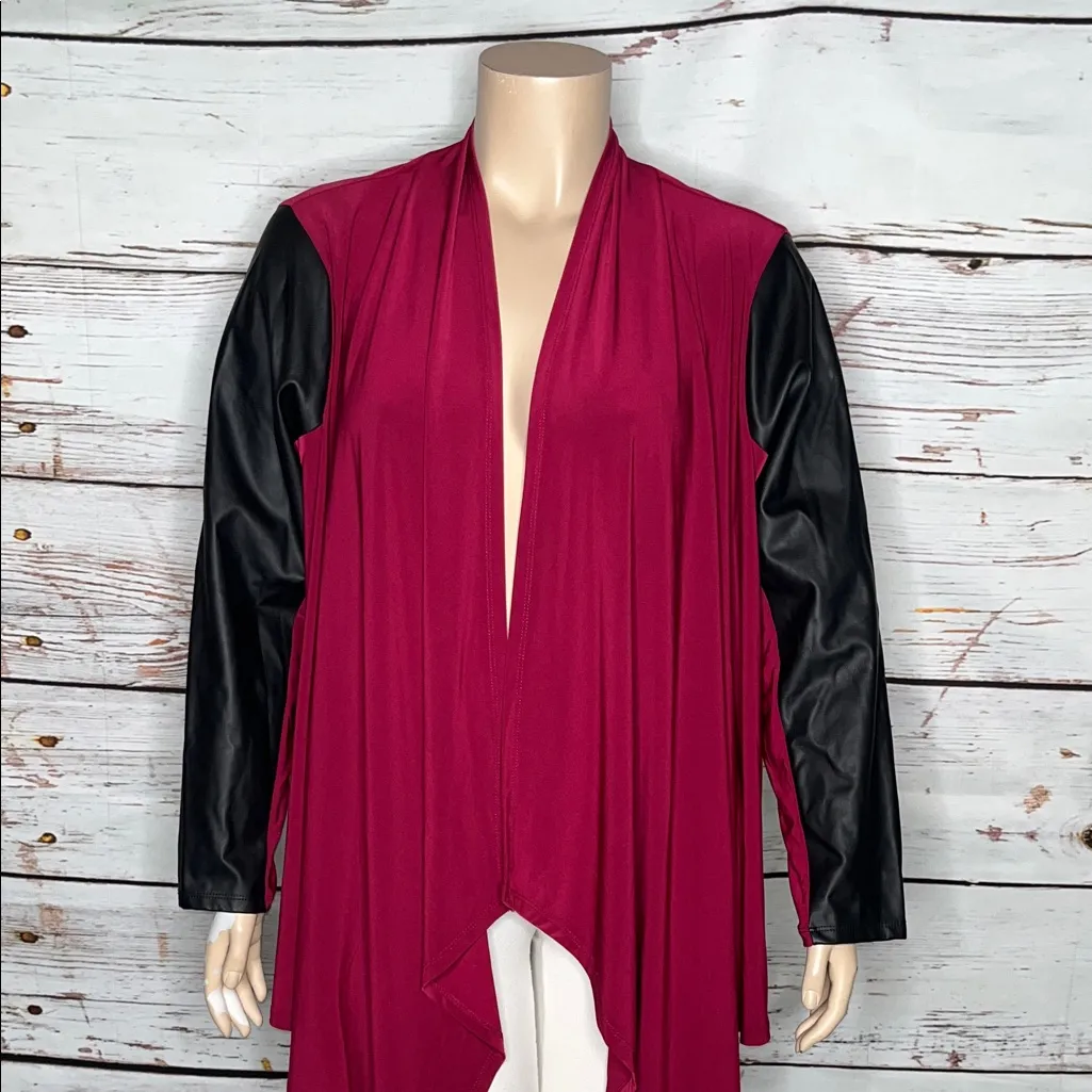 Joan Rivers 3X Purple Black Faux Leather Sleeve Open Front Luxe Cardigan Jacket - Image 2