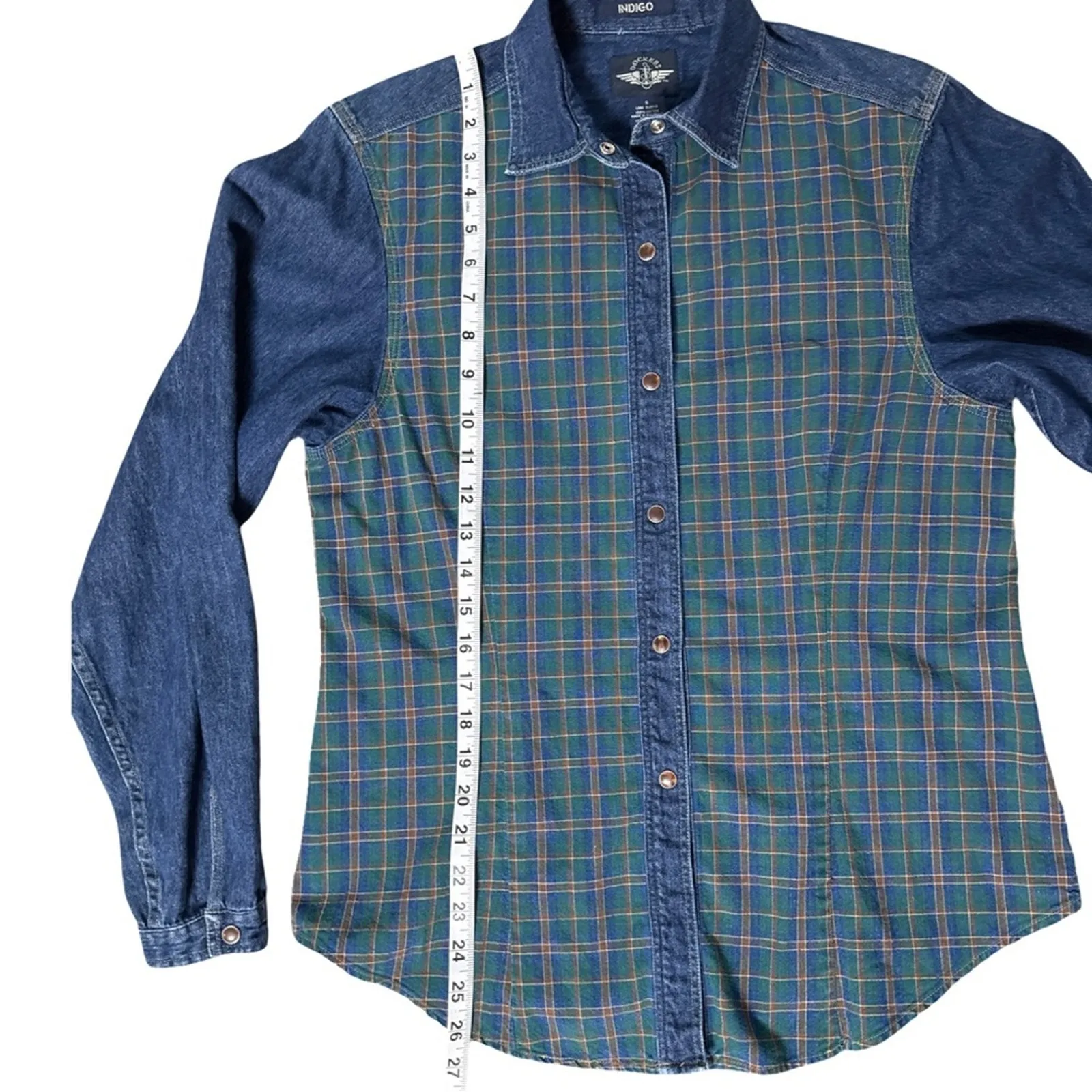 Dockers Vintage Tartan Plaid Button Up Shirt Denim Trim Womens Small - Image 7