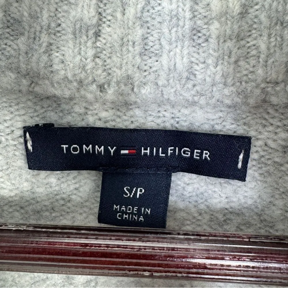 Tommy Hilfiger Logo Patch Varsity Sweater Grey Small Wool Blend Quarter Zip Prep - Image 9