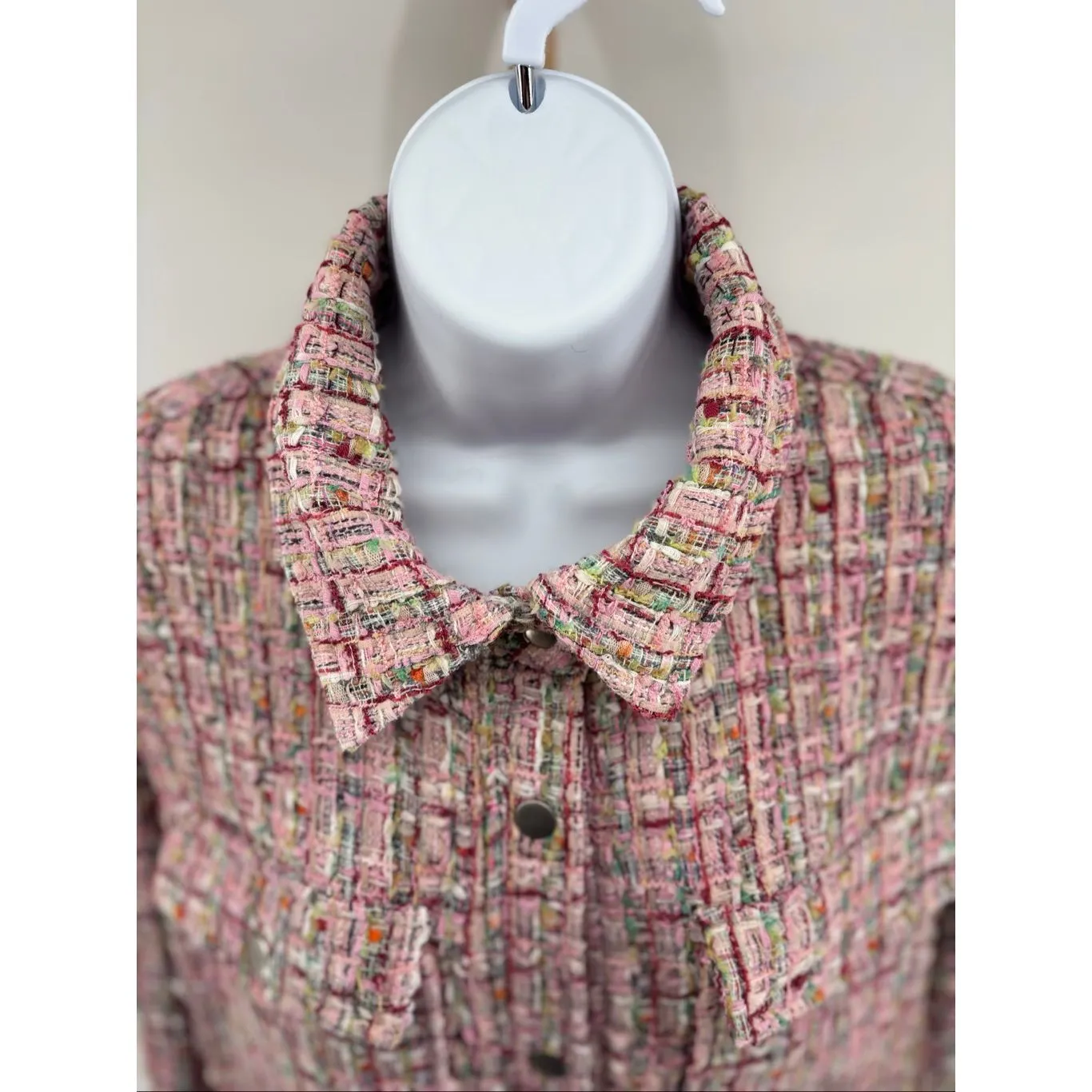 Avec Les Filles Long Pink Shacket Spring Pinks Womens Size Large Tweed Pockets - Image 4