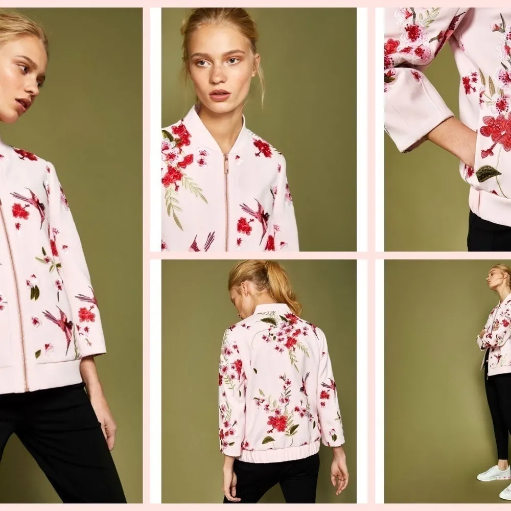 💕TED BAKER LONDON💕 Llelah Bomber Jacket Bird & Blossom Print Embroidered 6 NWT - Image 3
