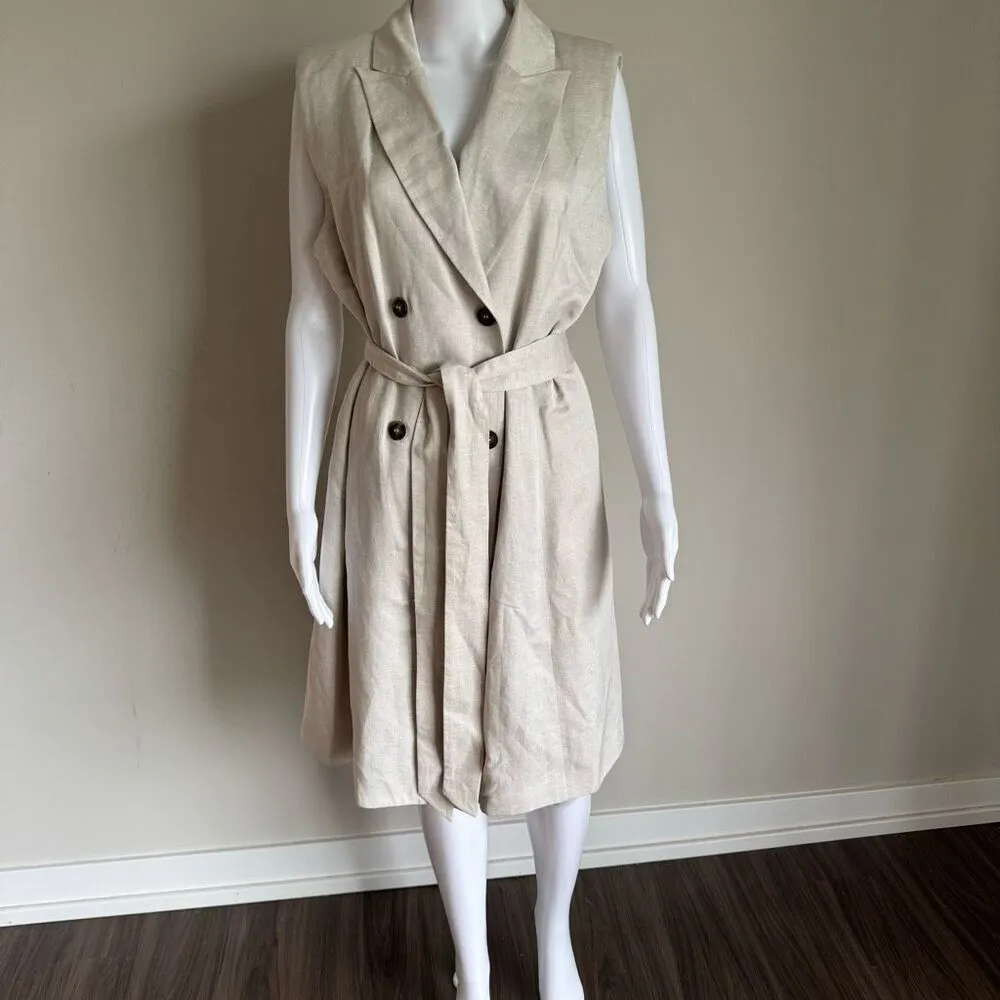 H&M linen blend belted tie waist double breasted sleeveless dress size L - Image 2