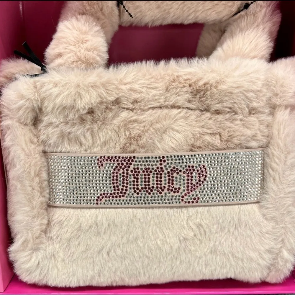 Juicy Couture Faux Fur Pink Dusty Blush Mini Tote Barrel Coin Purse Gift Set NEW - Image 2
