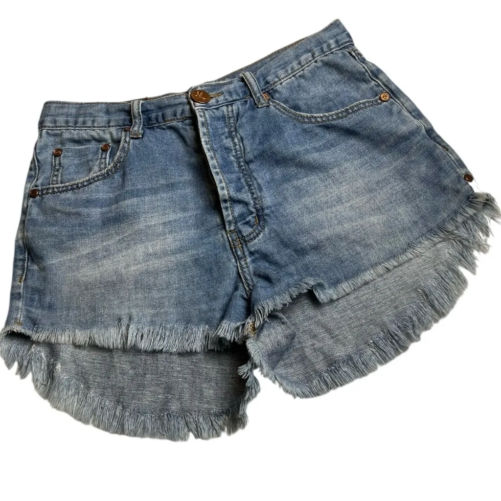 One X One Teaspoon Blue Denim Fringe Hem High Rise Shorts Size 26 - Image 2