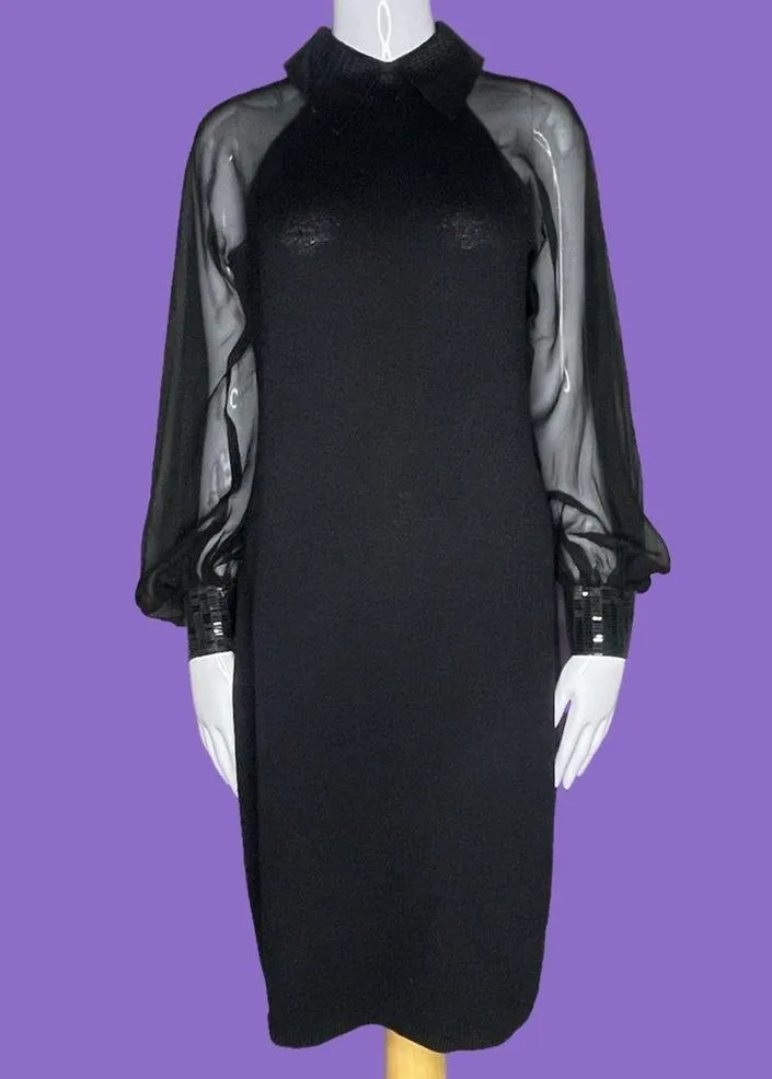Vintage St. John designer black knit dress sheer long sleeve and sequin detail 8 - Image 11