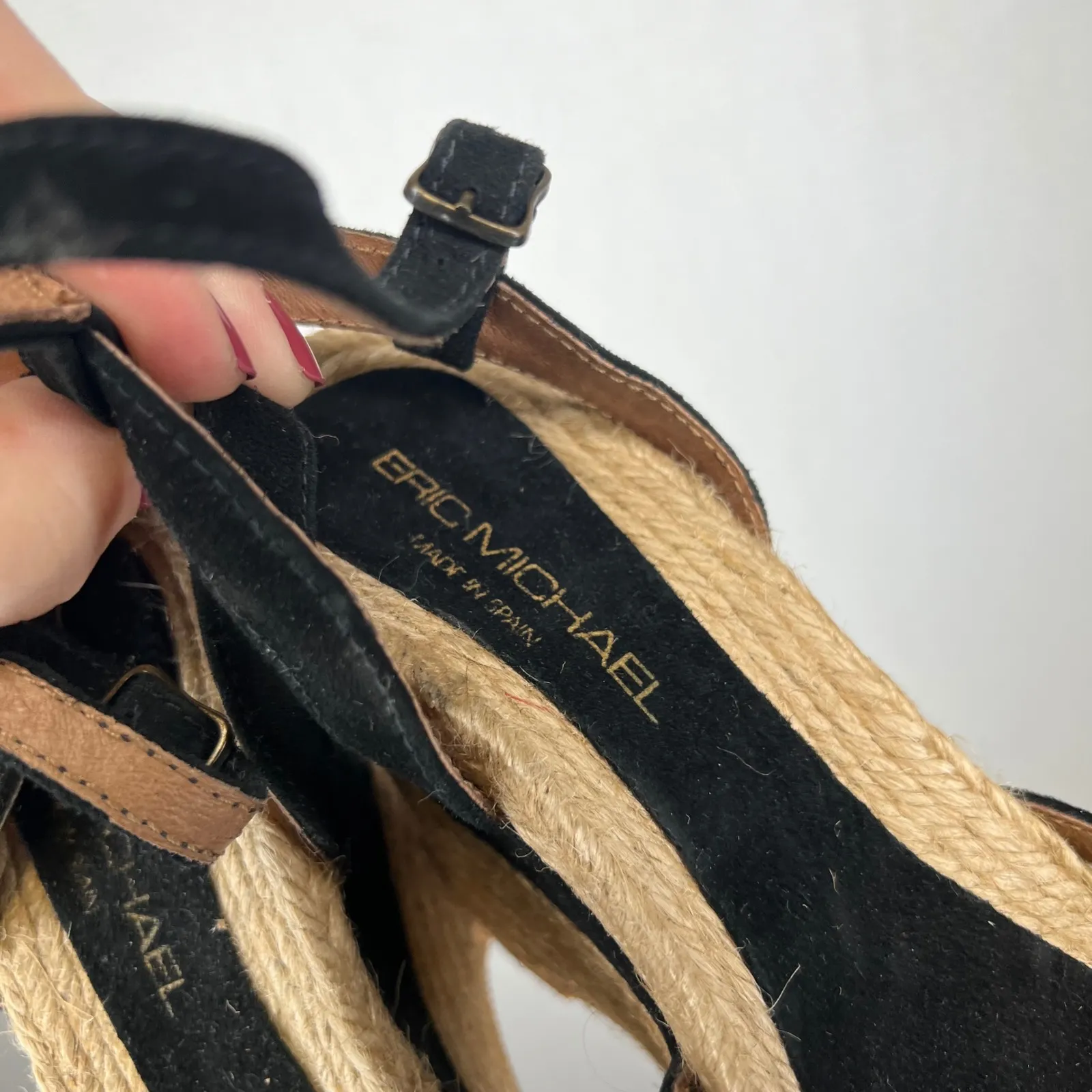 Eric Michael Black Suede Espadrille Wedge Sandals Bow Ankle Strap Size 35 - Image 4