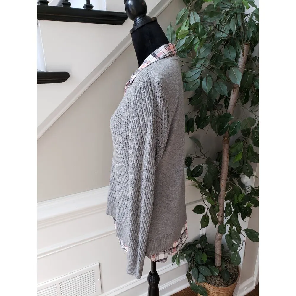 Croft & Barrow 2-Fer Sweater Womens Petite Large Gray with Snowy Tartan Plaid - Image 11