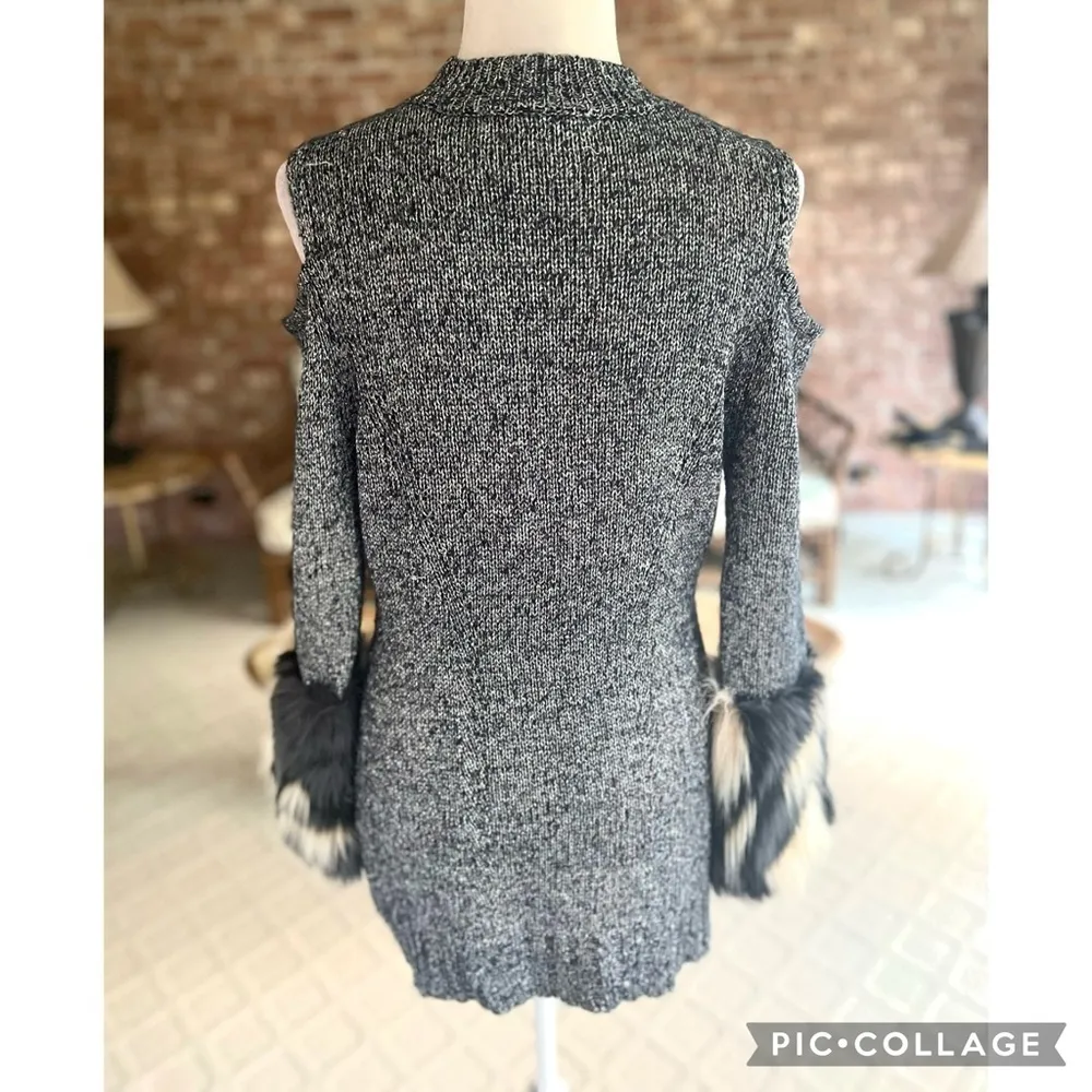 Boston Proper Faux Fur Cuff Sweater M Shimmer Black Cold Shoulder Glam Chic - Image 9