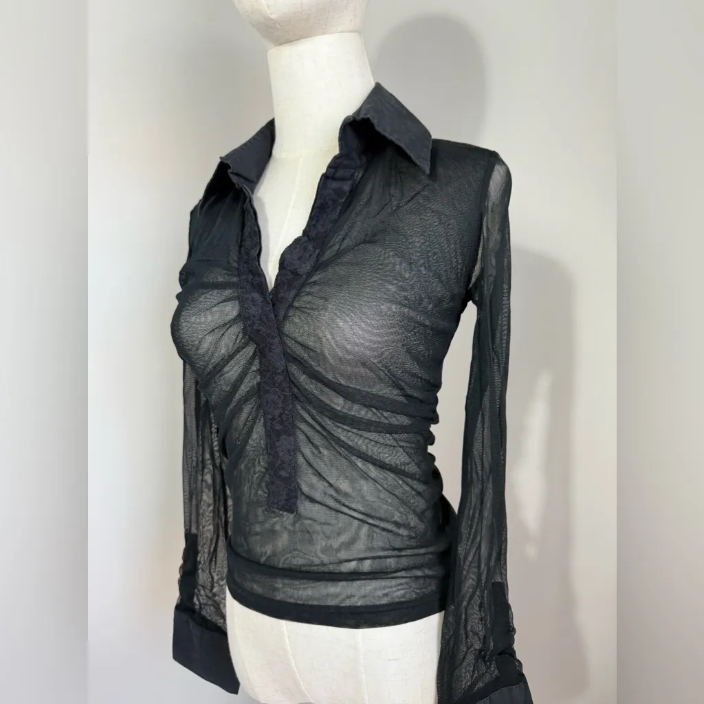 Women’s Vintage black transparent cropped blouse with lace decor in size xs/s - Image 3