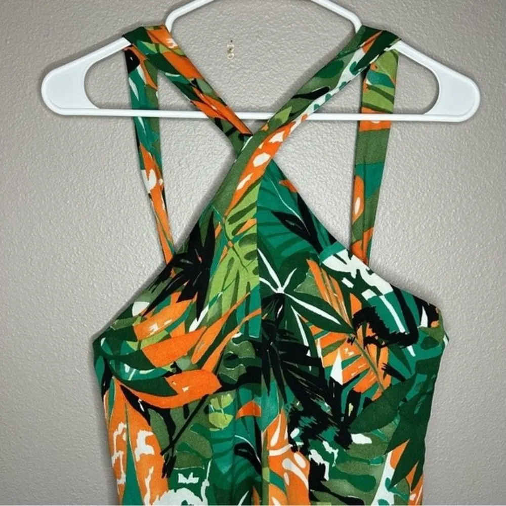 ZARA Trafaluc green tropical print criss cross halter neck romper size small - Image 3
