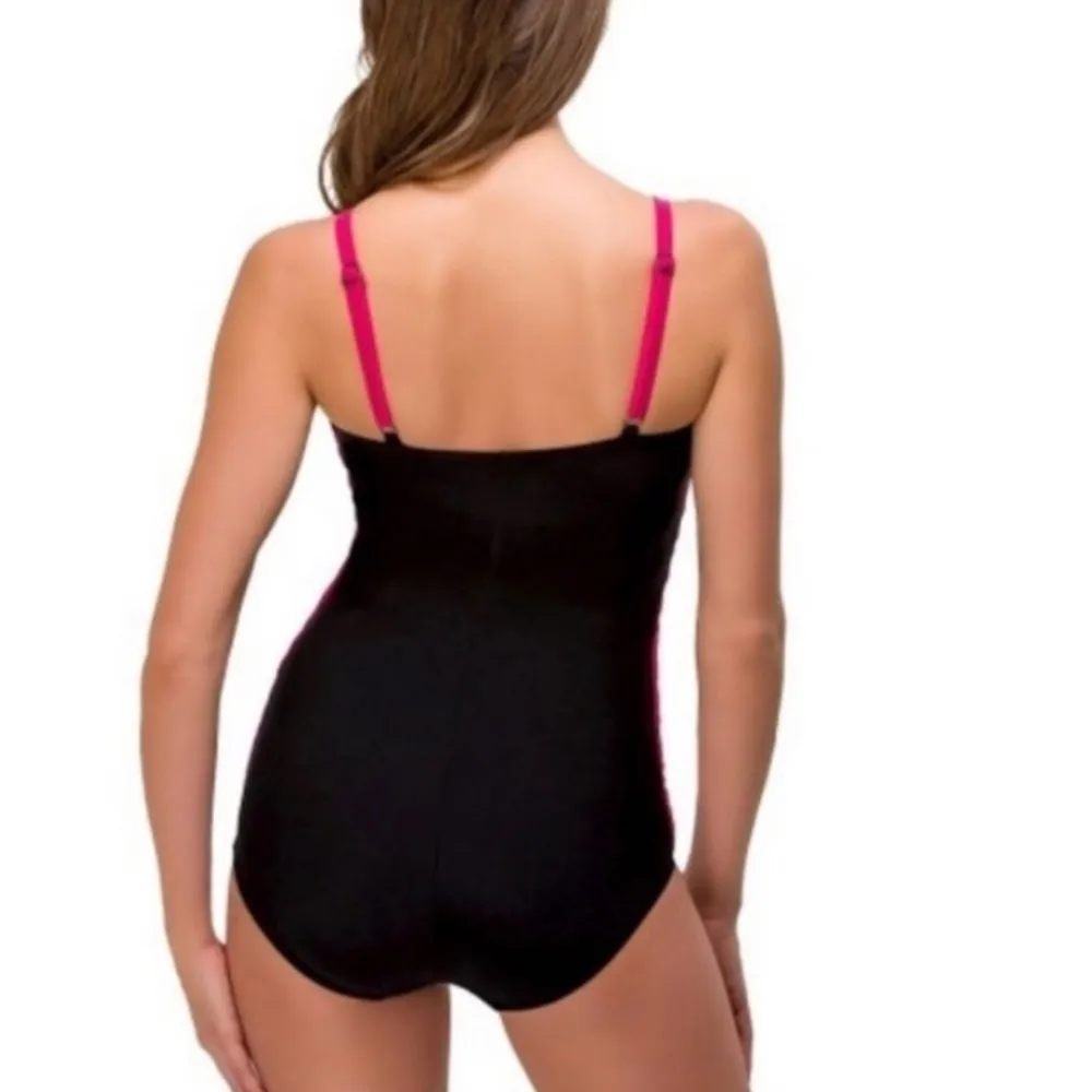 AQUA GREEN Stylish Pink/Black Shirred One Piece Swimsuit 765 - Image 2