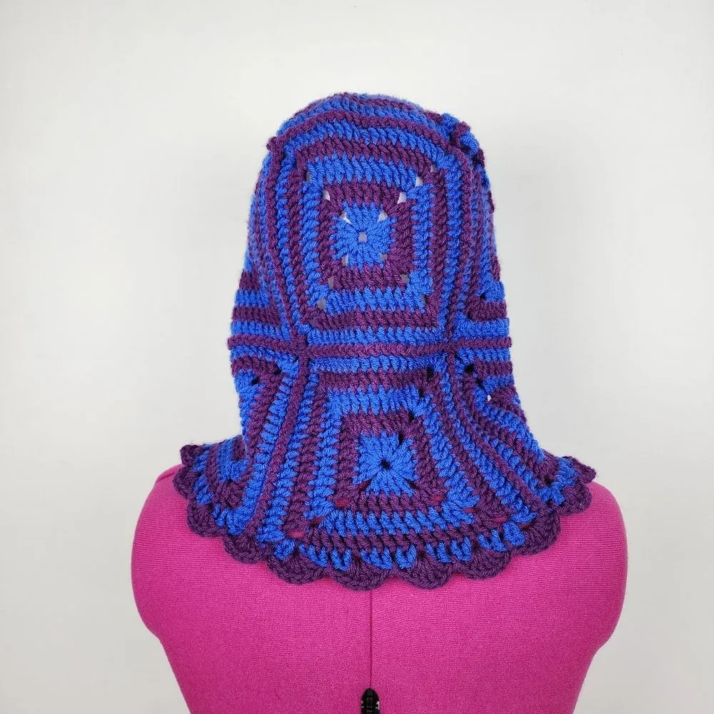 New Crochet Handmade Balaclava Granny Square Blue Purple hat beanie head warmer - Image 6