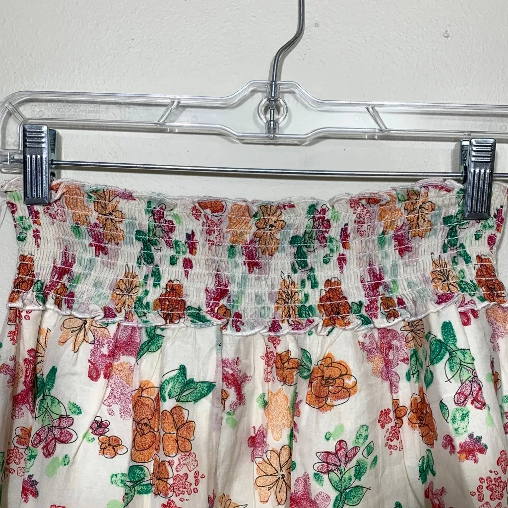 Frenchi Floral Smocked Waist Skirt Size S White Multicolor Boho Lined Cotton Ble - Image 5
