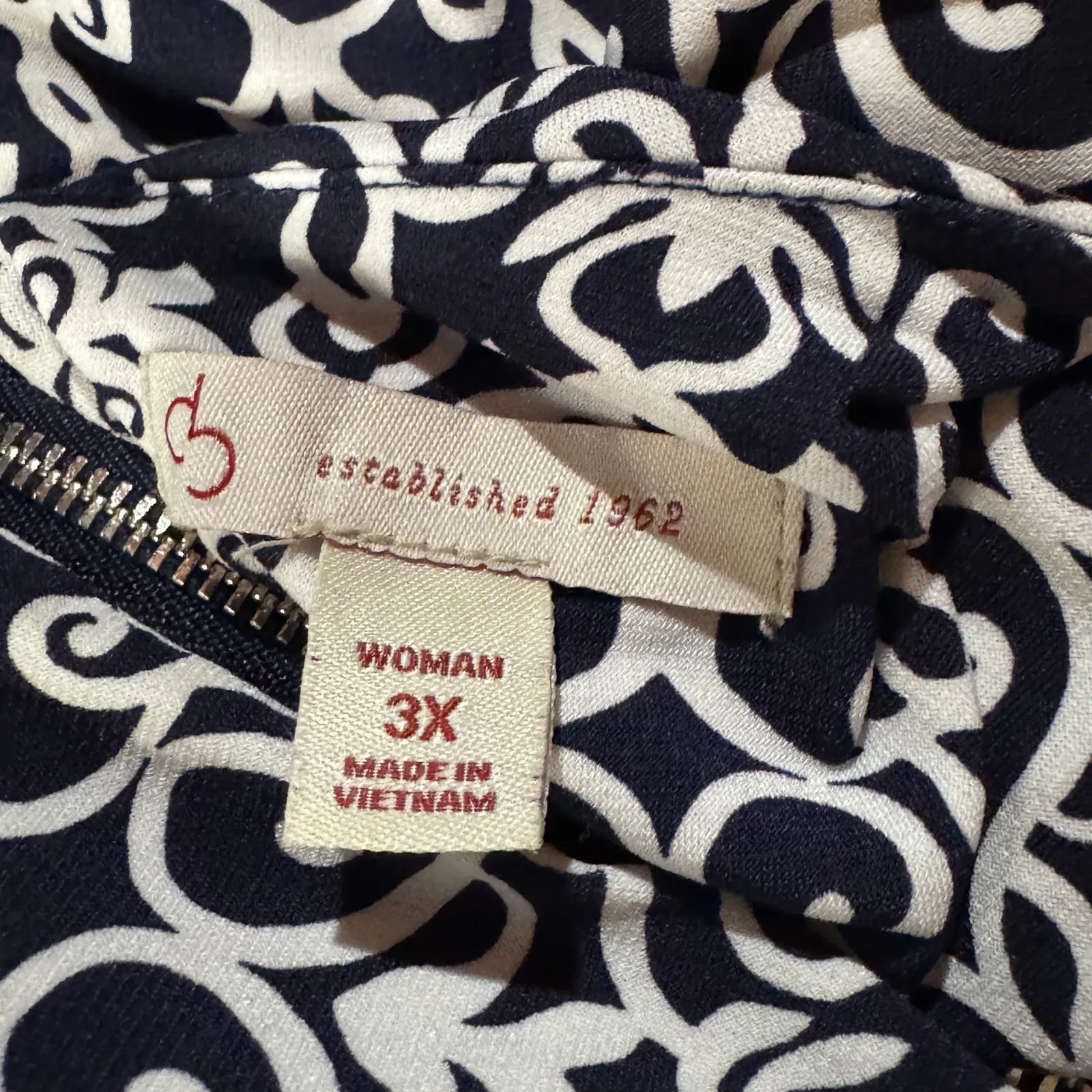 Dressbarn 3X-Large Top Geometric Stretch 3/4 Bell Sleeve Boat Neck Zip Navy Blue - Image 8